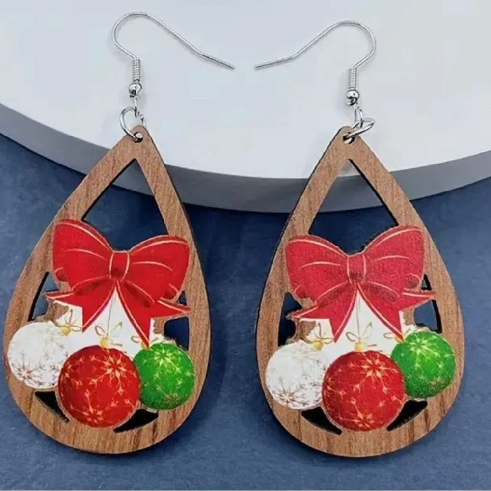 Festive Wooden Teardrop Earrings with Red and Green Ornaments NWT